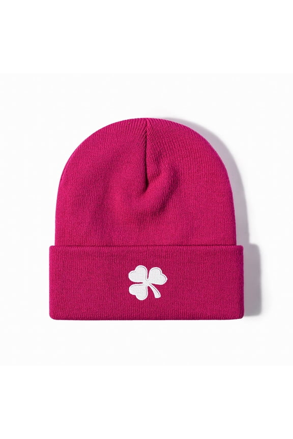 Warm Womens Hot Pink Cuff Beanie - Acrylic Stretchy Hat with Embroidered Four Leaf Clover for St. Patrick's Day,Size Free Size