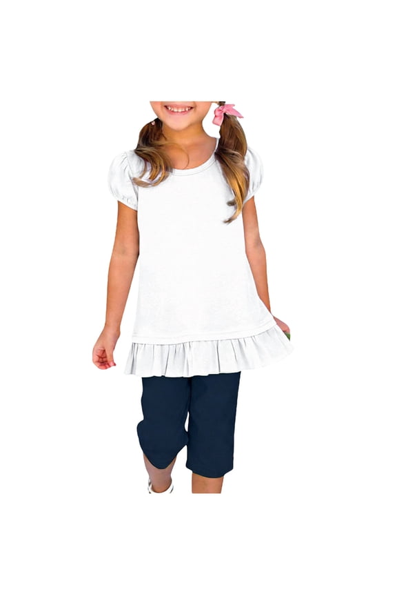 White Girls 100% Cotton Puff Sleeve Crew Neck Top Ruffle Hem Skin-Friendly Casual Shirt for Kidss Youth Sizes 2T-14,Size 5-6T