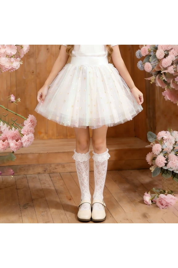 White Girls Princess Tutu Skirt - Iridescent Tulle Gold Heart Print, Elastic Waist, Kids Kids Skirt for 3-8 Years Old ,Size 5 T