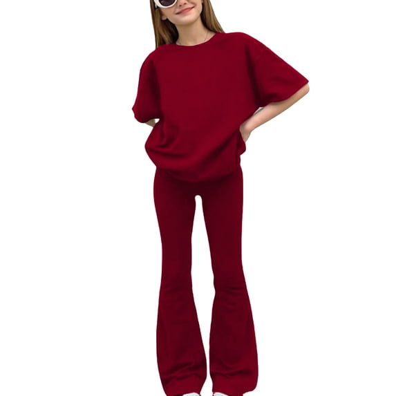 Avrnliq Wine Girls Oversized Retro 2 Piece Outfit, High-Waisted Flare Pants Set for Kids Girls 6-12,Size 12-13T