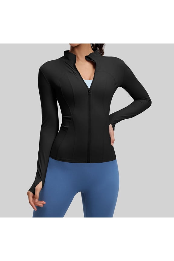 Women's UPF 50+ Sun Protection Jacket Athletic Zip Up Jacket, Slim Compression Fit, High Neck Long Sleeve with Thumbholes, Black, S-XXL,Size L