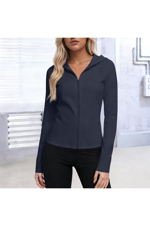 Women's UPF 50+ Sun Protection Jacket Athletic Zip Up Hoodie, Lightweight Stretch Activewear Jacket with Hood, Plus Size S-5XL, Navy,Size M