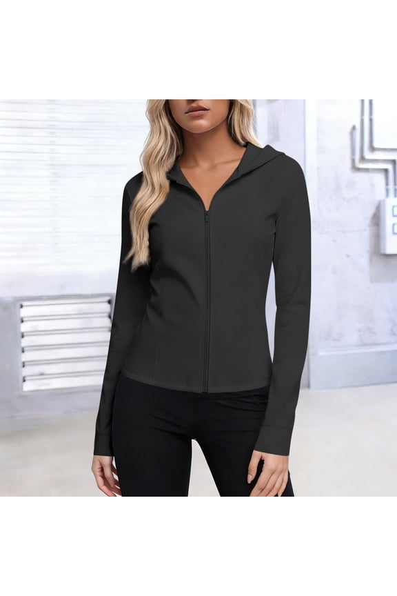 Women's UPF 50+ Sun Protection Jacket Lightweight Full Zip Active Hoodie, Moisture Wicking Slim Fit with Hood, Black, S-5XL,Size L