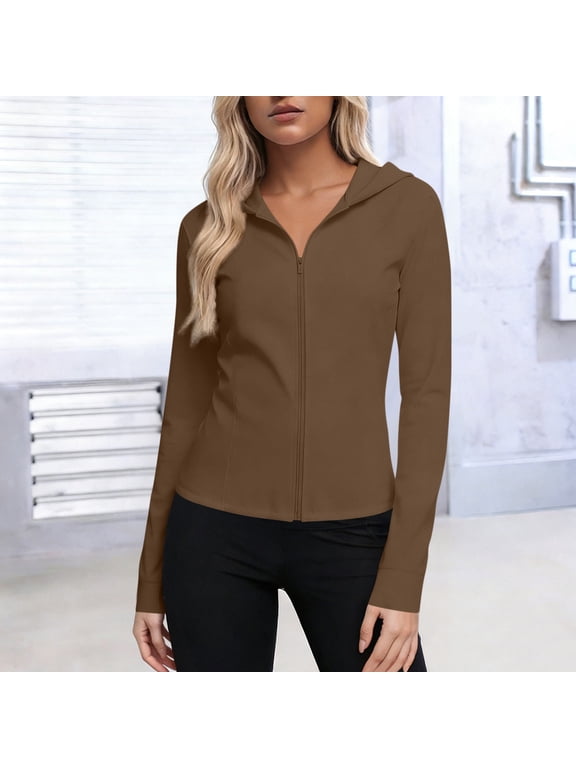 Women's UPF 50+ Sun Protection Jacket Lightweight Full Zip Up Hoodie, Slim Fit Stretch Athletic Activewear Jacket with Hood, Plus Size S-5XL, Coffee & More Colors,Size 3XL