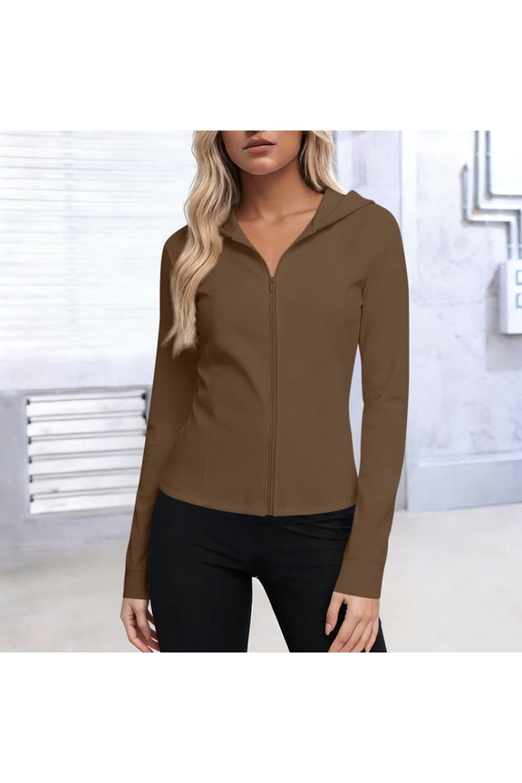 Women's UPF 50+ Sun Protection Jacket Lightweight Full Zip Up Hoodie, Slim Fit Stretch Athletic Activewear Jacket with Hood, Plus Size S-5XL, Coffee & More Colors,Size M