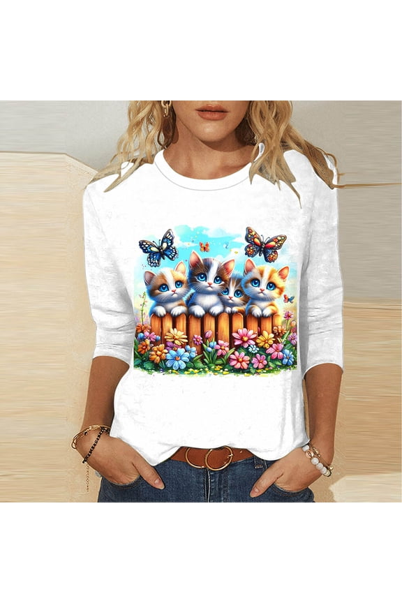 Womens 3/4 Sleeve Casual T-Shirt White, Cute Kitten Butterfly Floral Print, Stretchy Soft Relaxed Fit Plus Size Tee for Spring Summer,Size 2XL