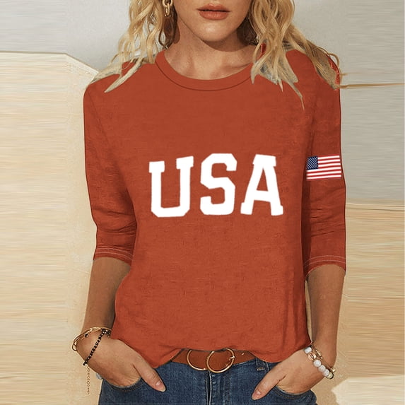 Avrnliq Womens American Flag 3/4 Sleeve Crew Neck T-Shirt Patriotic USA Casual Soft Stretch Plus Size Holiday Top Orange,Size XL