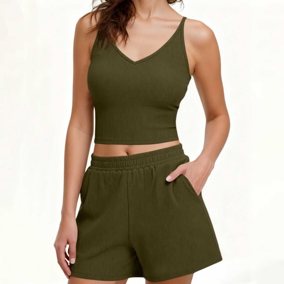 Avrnliq Womens Army Green Ribbed 2 Piece Crop Tank Top & Shorts Set, High Waisted V-Neck Stretchy Activewear with Side Pockets,Size S
