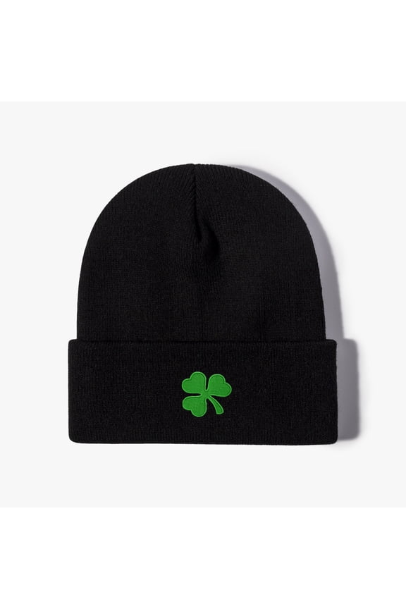 Womens Black Cuff Beanie - Acrylic Warm Stretchy Hat with Embroidered Four Leaf Clover for St. Patrick's Day,Size Free Size