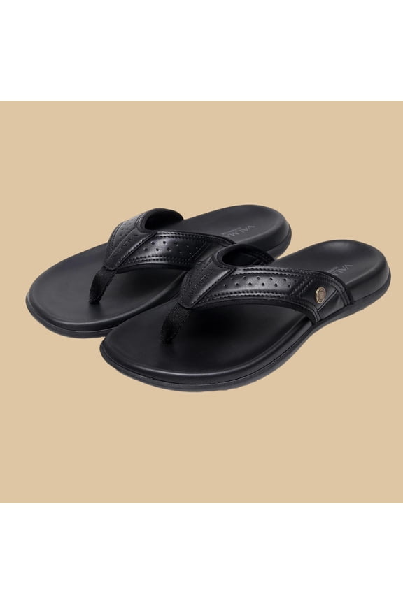 Womens Black Faux Leather-Look Flip Flops, Comfortable Arch Support Thong Sandals for Summer, Casual Beach Slip-On Shoes Sizes 40-45,Size 8.5