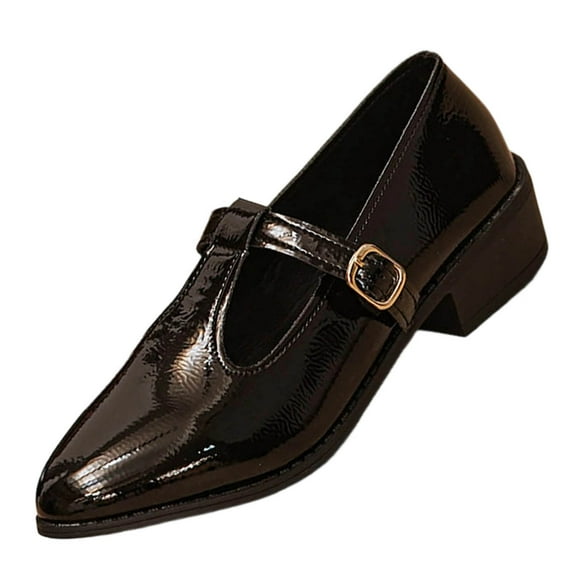 Avrnliq Womens Black Patent Faux Faux Leather Mary Jane Loafers - Pointed Toe Low Block Heel Flats with Adjustable Buckle Strap for Office & Casual Wear,Size 42
