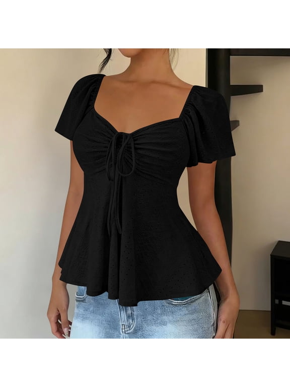 Womens Black Peplum Blouse, Stretch Sweetheart Neck Flutter Sleeve Wrinkle-Resistant Top (S-XXL) ,Size M