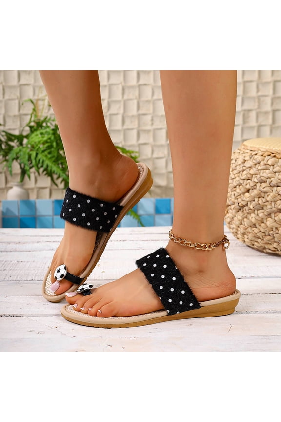 Womens Black Polka Dot Fuzzy Toe Ring Slide Sandals with Soccer Ball Charm & Linen Footbed Size 7