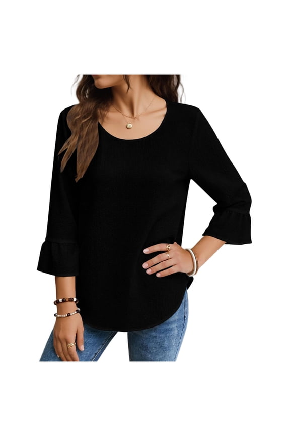 Womens Black Ruffle Cuff Blouse, 3/4 Flutter Sleeve Relaxed Fit Top for Business Casual & Everyday, Wrinkle Resistant Easy Care,Size L