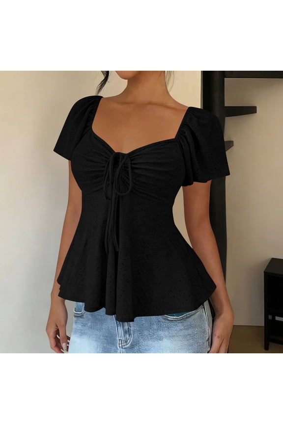 Womens Black Stretchy Peplum Blouse with Sweetheart Neckline, Wrinkle-Resistant & Machine Washable,Size L