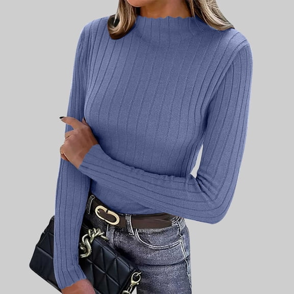 Avrnliq Womens Blue Long Sleeve Ribbed Mock Neck Top - Stretchy Everyday Acrylic Scalloped Trim Slim Fit Versatile Basic for S-M,Size Free Size