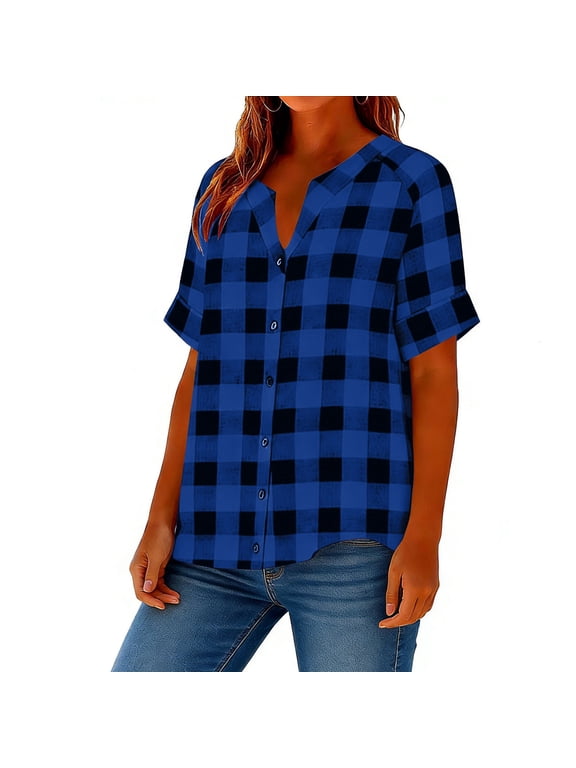 Womens Blue Plaid Short Sleeve Shirt, Buffalo Check V-Neck Button Down, Plus Size S-5XL, Casual Everyday Wear,Size 5XL