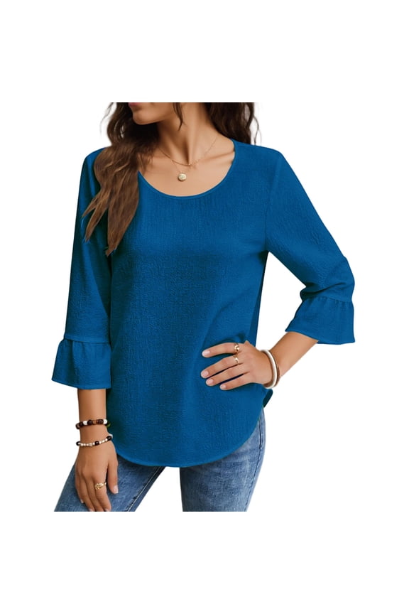 Womens Blue Top 3/4 Flutter Sleeve with Ruffle Cuff, Relaxed Fit Casual Shirt for Everyday & Business Casual, Easy Care Polyester Blouse,Size XL