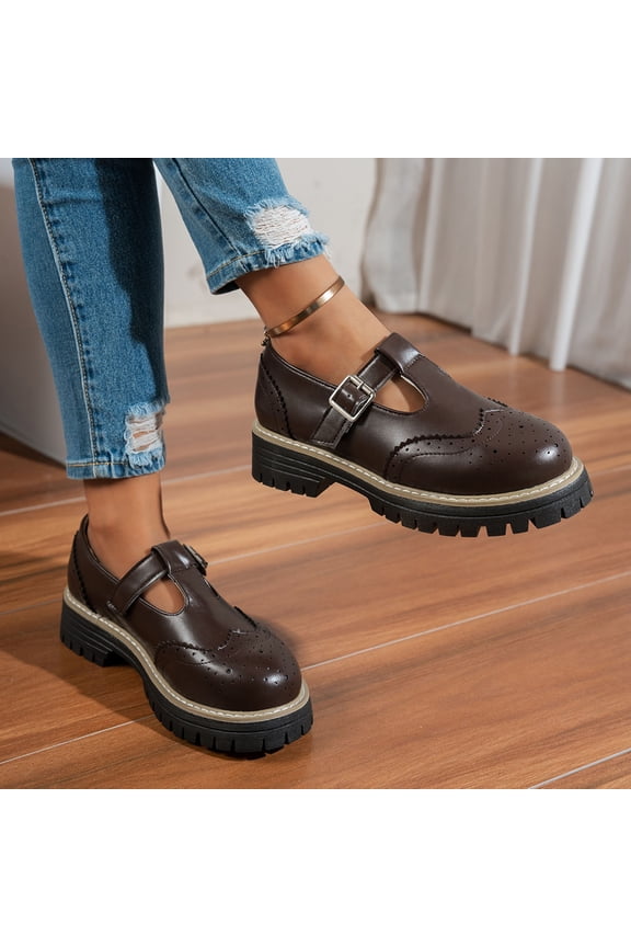 Womens Brown Chunky Mary Jane Platform Shoes Retro T-Strap Brogue Oxfords with Lug Sole & Buckle,Size 6.5