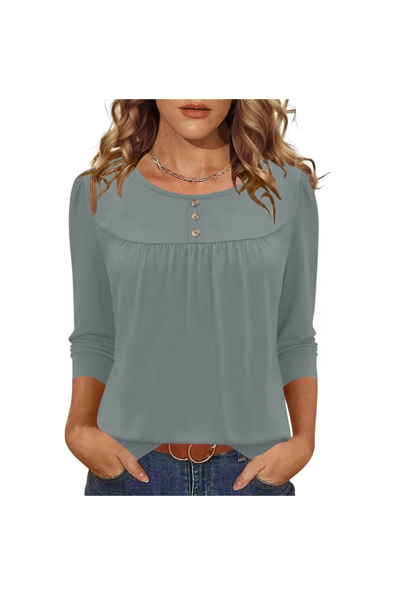Womens Casual Gray Blouse 3/4 Sleeve Henley Neck Top with Puff Shoulder & Ruched Detail, Relaxed Fit Polyester Spandex Shirt for Office & Everyday Easy Care,Size 2XL