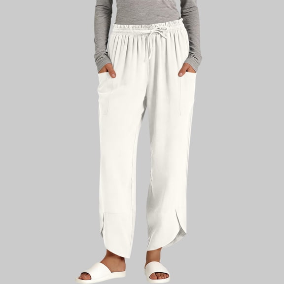 Avrnliq Womens Casual Wide Leg Cropped Capri Pants 100% Polyester Elastic Waist with Drawstring Side Pockets Ankle Slits Relaxed Fit White,Size S