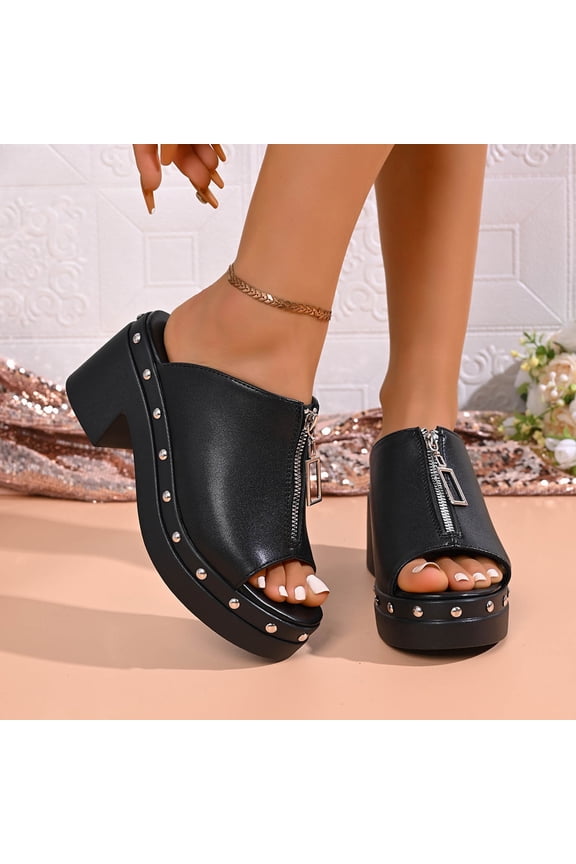 Womens Chunky Heel Slide Sandals Open Toe Block Heel Mules Studded Zipper Accent Slip On Casual Dressy Summer Sandals,Size 9