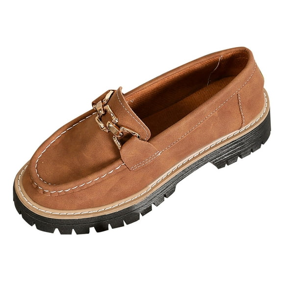 Avrnliq Womens Chunky Platform Loafers Slip On Shoes with Chain Detail, Brown Casual Comfort Footwear,Size 38