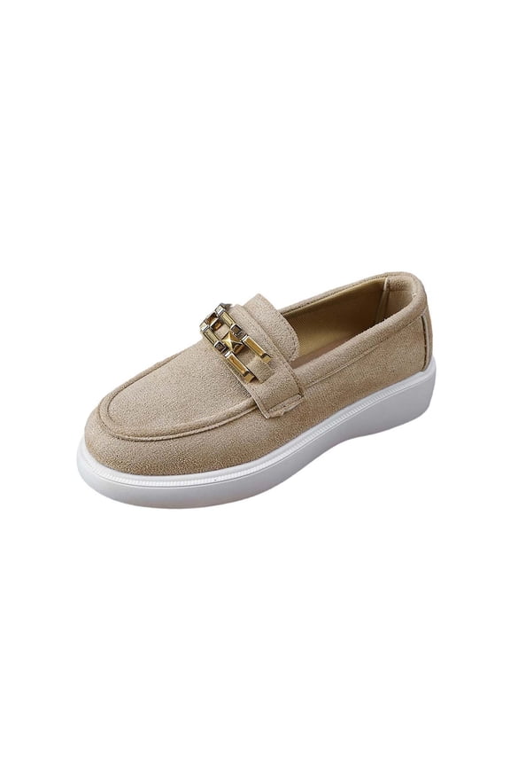 Womens Chunky Sole Loafers - Velvet Platform Slip On with Gold Chain Detail, Comfort Casual Shoes for Women, Khaki,Size 37