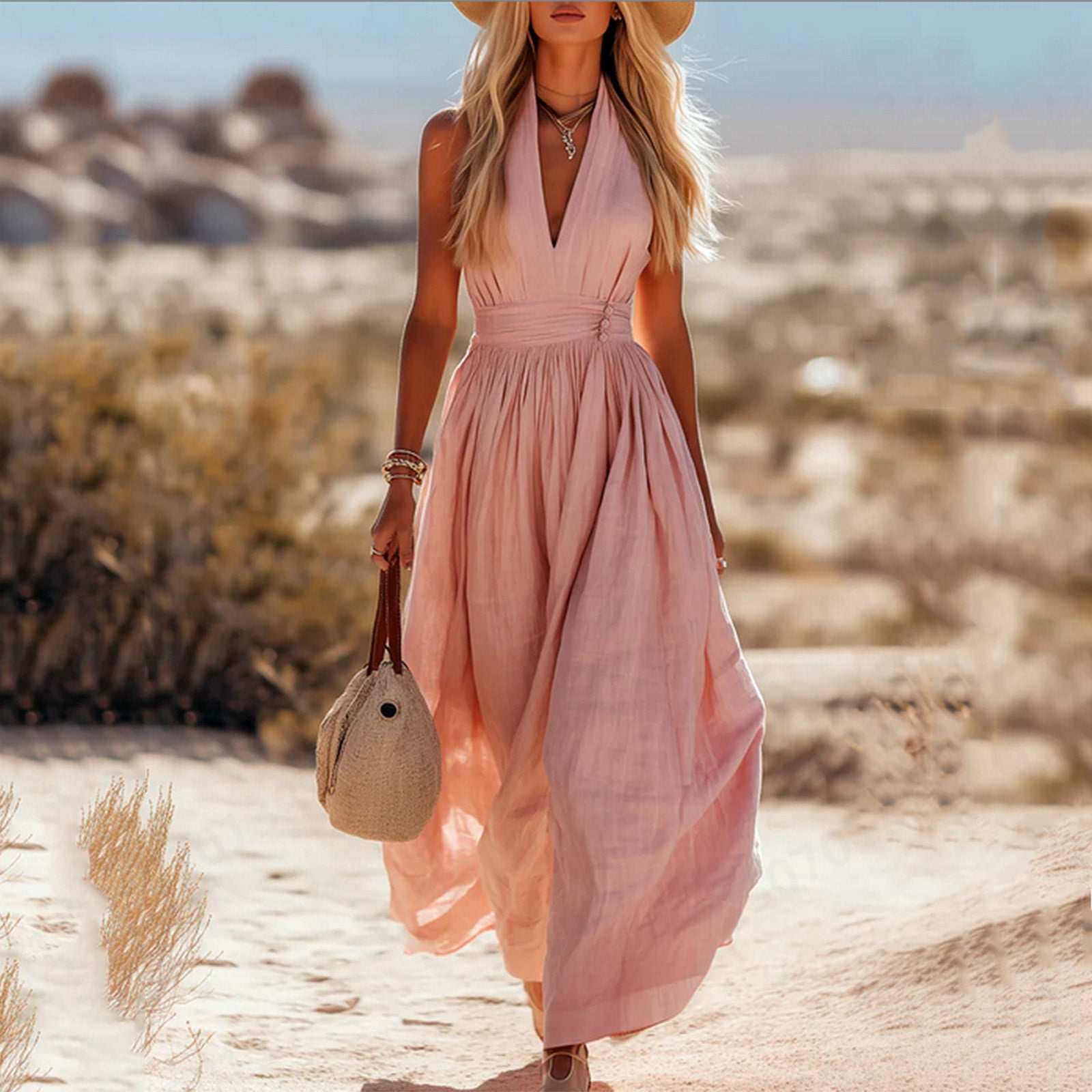 Avrnliq Womens Collared Pink Summer Dress Sleeveless Button Front ...