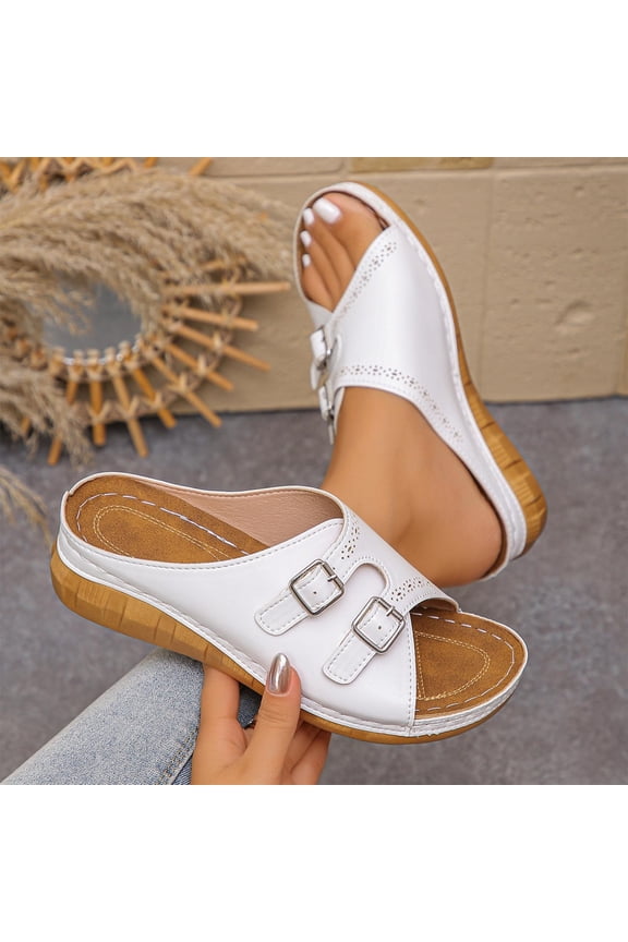 Womens Comfort Slip On Mule Sandals Open Back Double Buckle Adjustable Low Wedge Cushioned Casual Slide Sandals White,Size 9