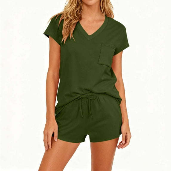Avrnliq Womens Comfortable V-Neck Short Sleeve Two-Piece Romper Set, Army Green, Drawstring Waist, Soft Stretch Fabric with Front Pocket (S-XXL),Size L