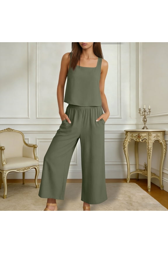 Womens Cotton Linen Two Piece Set, Square Neck Top & Wide Leg Culotte Pants, Green Relaxed Fit,Size M