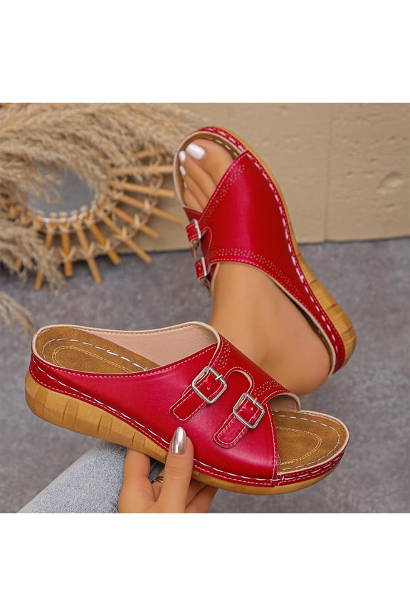 Womens Cushioned Footbed Mule Sandals Slip On Open Back Adjustable Double Buckle Low Wedge Casual Summer Slide Sandals Red,Size 7