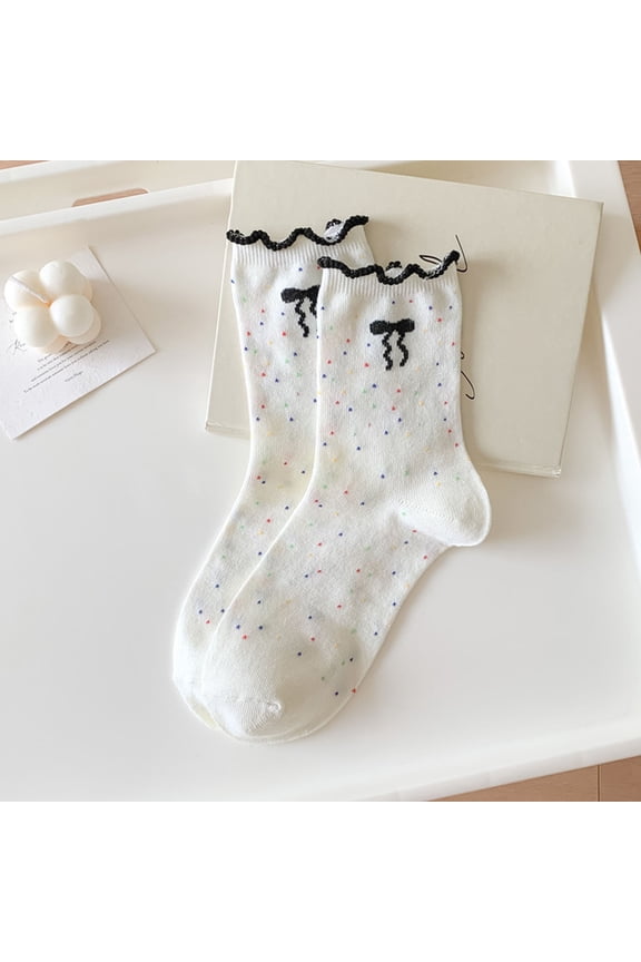 Womens Cute Jellyfish Embroidery Crew Socks with Ruffled Cuff, Black, One Size Fits Most,Size Free Size
