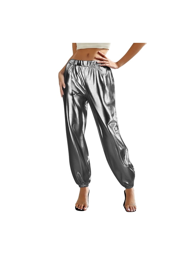 Womens Dark Gray Metallic Satin Joggers, High Waist Shiny Harem Pants, Elastic Waist Baggy Tapered Ankle, XS-XXXL for Rave Party Night Out,Size XL