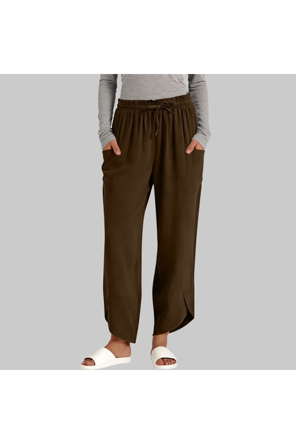 Womens Elastic Waist Cropped Wide Leg Pants with Side Pockets Ankle Slits Drawstring Brown,Size 2XL