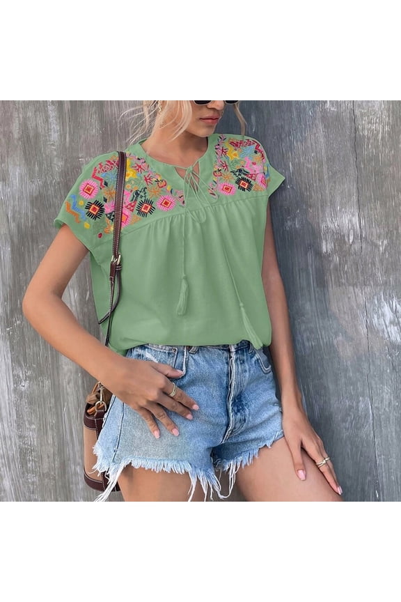 Womens Embroidered Bohemian Tie-Front Cap Sleeve Top Relaxed Fit Green ,Size XL