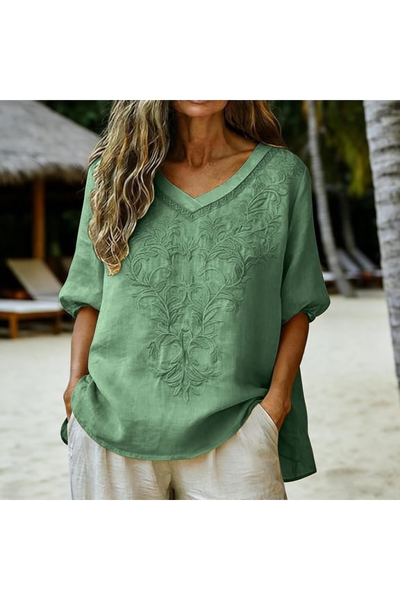 Womens Embroidered V-Neck Linen Cotton Blend Tunic Top, Green, Plus Size Elbow-Sleeve Boho Casual Summer Blouse for Women,Size 2XL