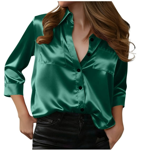 Avrnliq Womens Emerald Green Satin Shirt, Relaxed Fit Button Down Blouse with V-Neck & 3/4 Sleeves for Work Office Wear and Casual Outfits,Size L