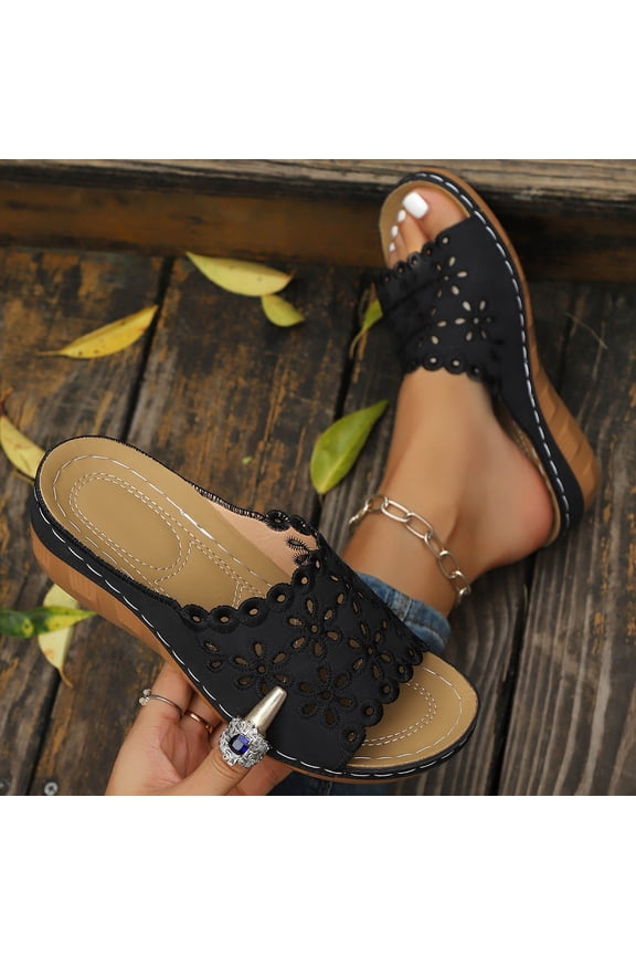 Womens Floral Cut Out Wedge Slide Sandals, Open Toe Slip On Comfortable Cushioned Footbed Breathable Laser Cut PU Sandals for Summer Casual, Black,Size 9.5