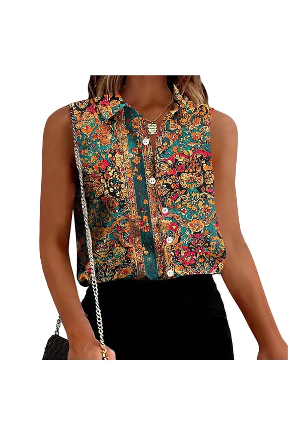 Womens Floral Paisley Print Sleeveless Button Down Cropped Blouse, Stretch Lightweight,Size 2XL