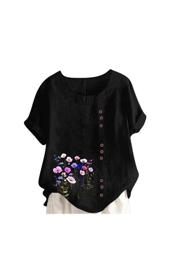 Womens Floral Print Blouse Short Sleeve Loose Fit Top with Side Buttons, Black Plus Size Casual Shirt with Back Drawstring,Size M