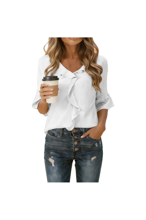 Womens Flutter Sleeve Top V-Neck Casual Blouse Bell Sleeve Loose Fit Wrinkle Resistant White,Size S