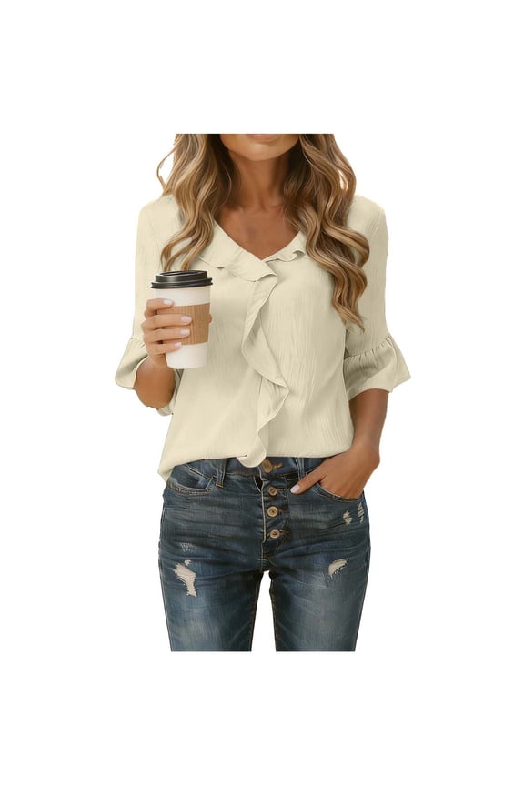 Womens Flutter Sleeve V-Neck Top, Ruffle Trim Casual Blouse Wrinkle Resistant Polyester Beige,Size M