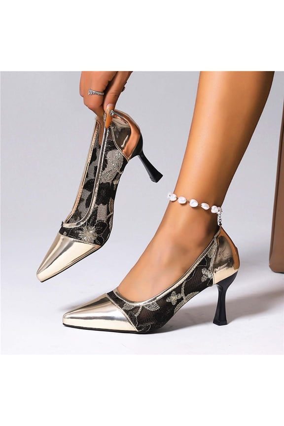 Womens Gold Floral Lace Dress Heels, Patent Faux Leather Pointed Toe Mid Heel Pumps, Comfortable Stable Office Party Formal Shoes (Sizes 6-12),Size 42