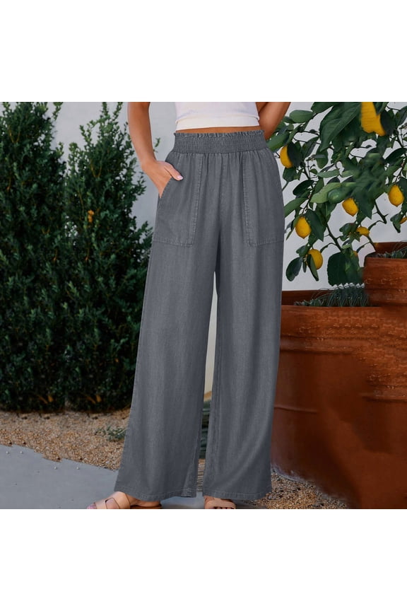 Womens Gray Casual Straight Leg Pants Elastic Waist Rayon Wrinkle Resistant Plus Size S-XXXL Comfort Work Travel Pants,Size 3XL