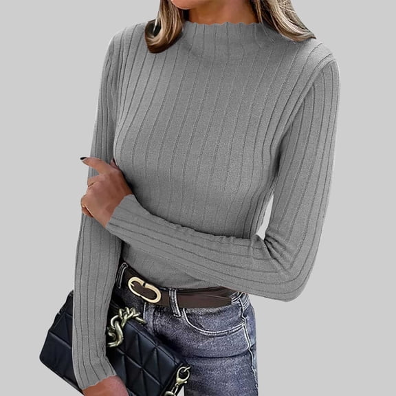 Avrnliq Womens Gray Long Sleeve Mock Neck Ribbed Top - Timeless Stretchy Acrylic Scalloped Trim Slim Fit Versatile Basic for S-M,Size Free Size