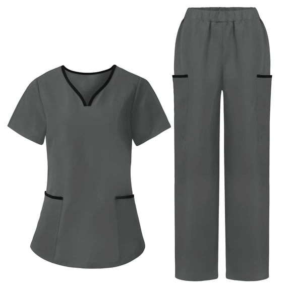 Avrnliq Womens Gray Stretch Medical Scrub Set - Short Sleeve with Functional Pockets, 1 Top & 1 Pant for Nurses & Dental Assistants,Size M