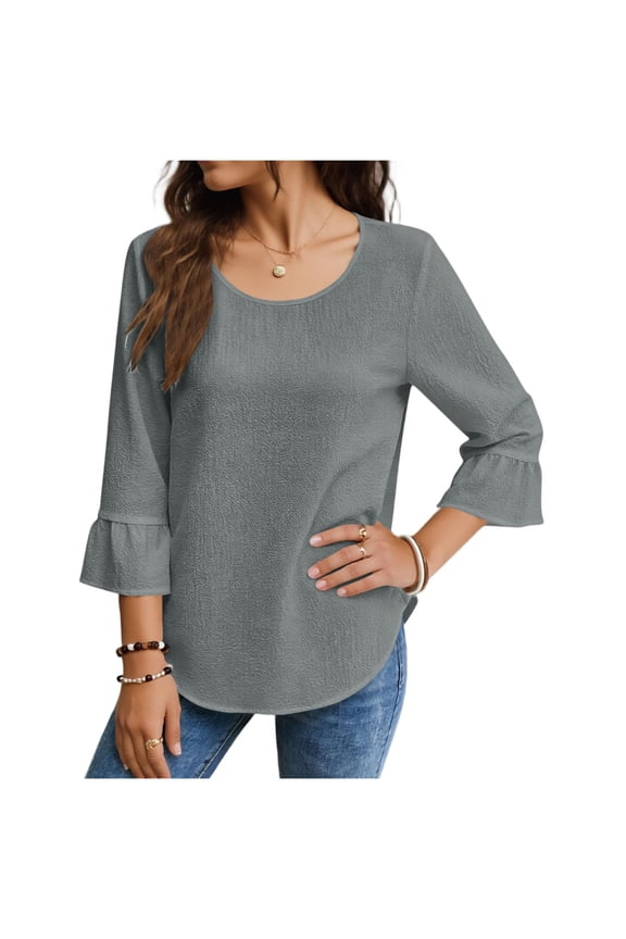 Womens Gray Top 3/4 Flutter Sleeve, Relaxed Fit for Casual & Business Casual, Easy Care Polyester Blouse,Size 2XL