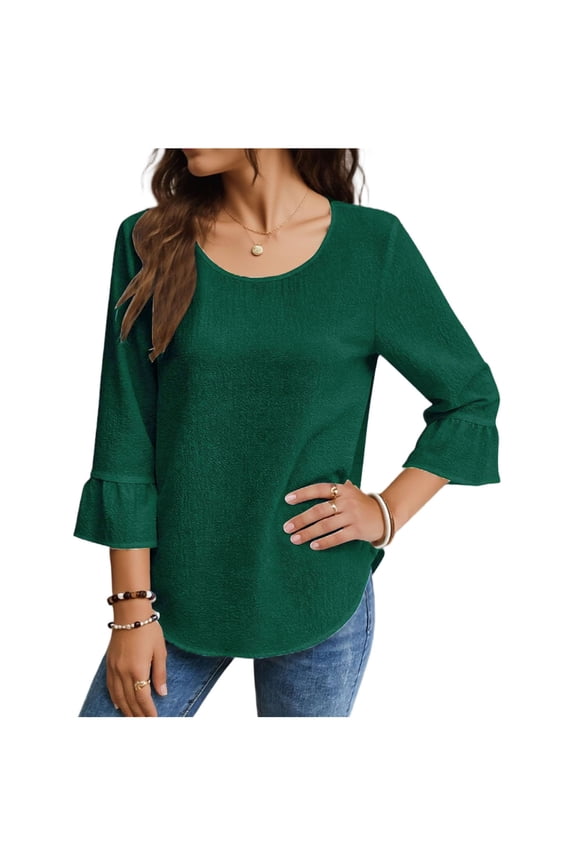 Womens Green Relaxed Fit Blouse, 3/4 Flutter Sleeve Top with Ruffle Cuff for Casual Wear, Wrinkle Resistant Polyester Shirt,Size M